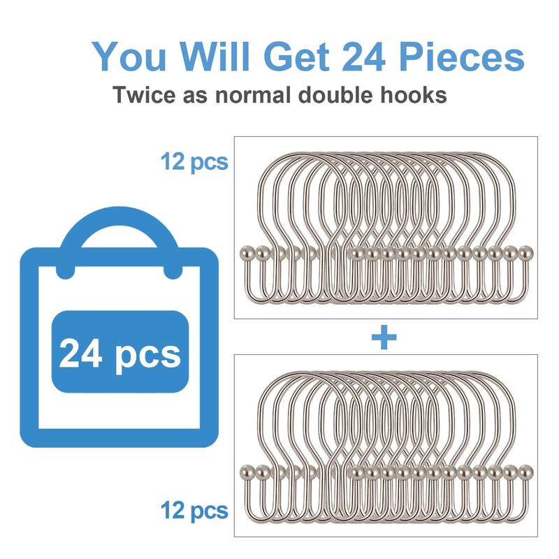 TENOVEL 24 Pack Double Shower Curtain Hooks Rings  TENOVEL Double Sided Shower Curtain Hooks Rust Proof for Shower Curtain  Stainless Steel Bathroom Shower Hangers Rings for Shower Rods  Brushed Nickel - Image 2